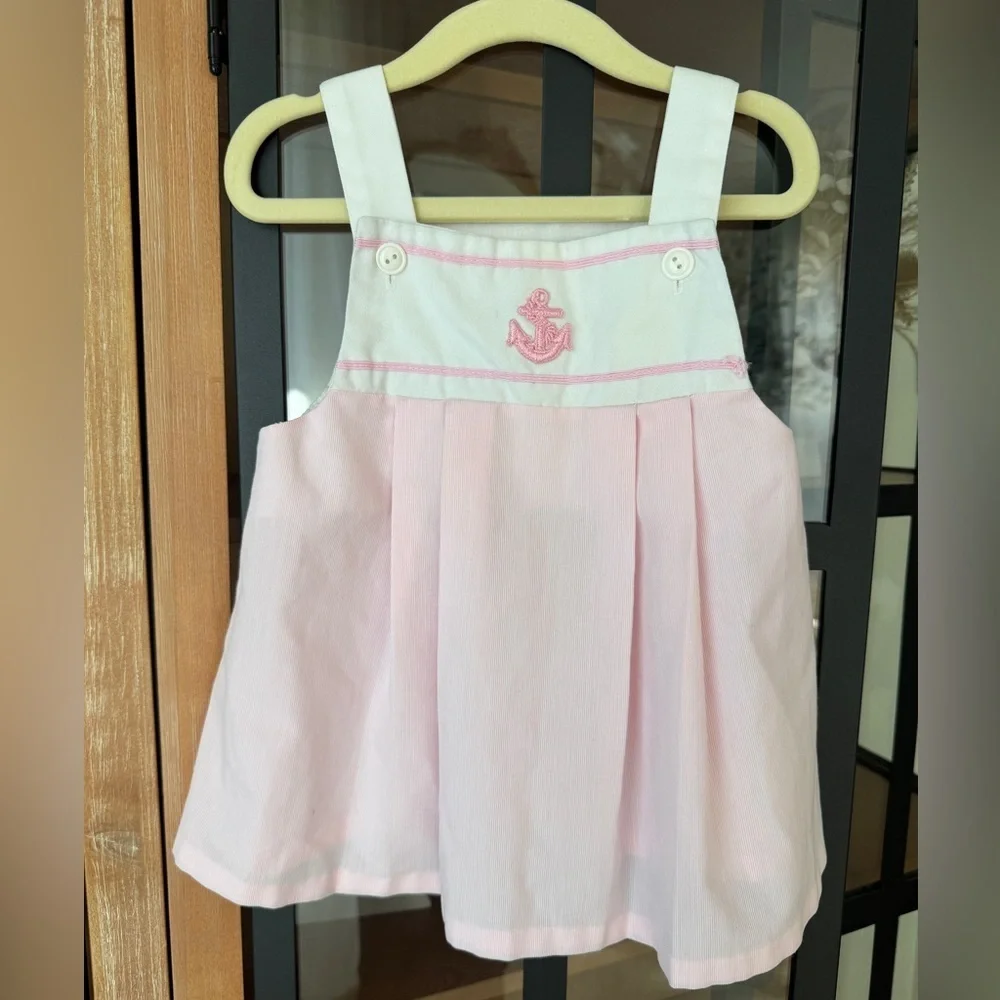 Vintage 90s sailor dress anchor nautical baby toddler girl embroidered pinafore